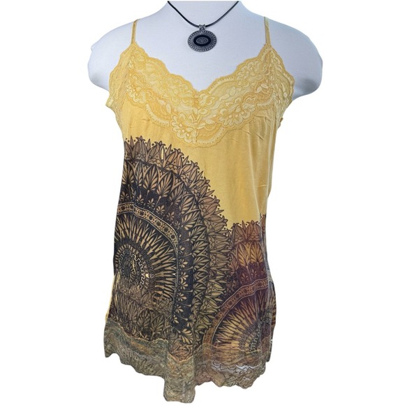 Y2K Route 66 Yellow Lace Cami Tank Top XL Mandala‎ Print Boho Festival Retro - Picture 1 of 10